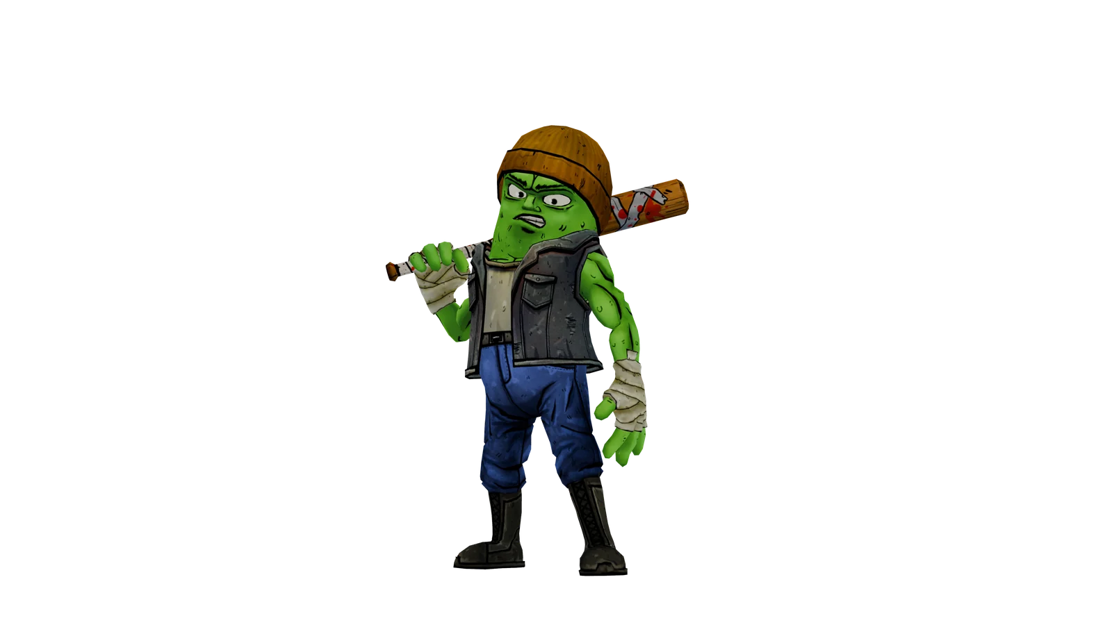 HertCity 3D cucumber character carrying a baseball bat