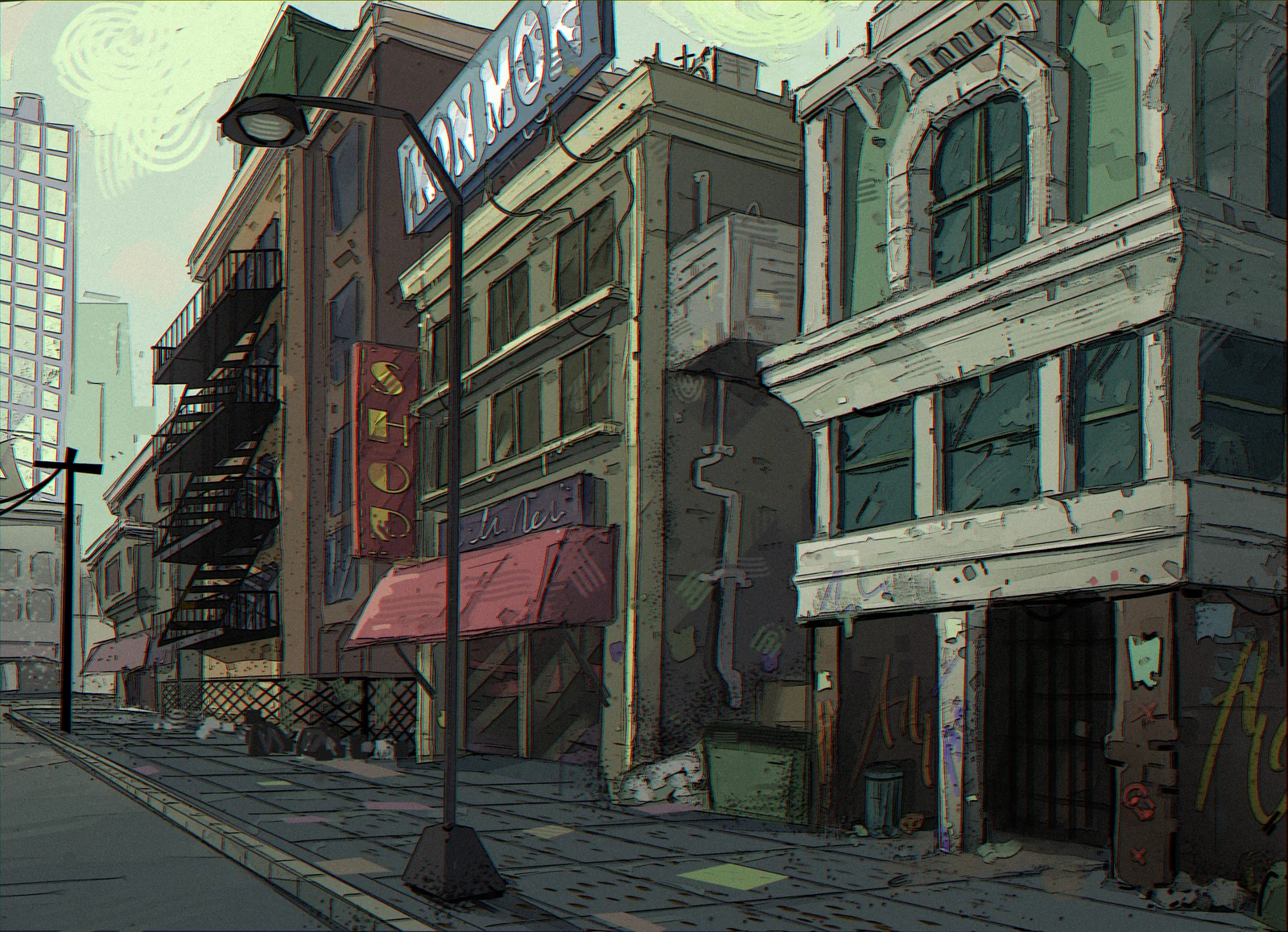 Hand-drawn HertCity street environment concept